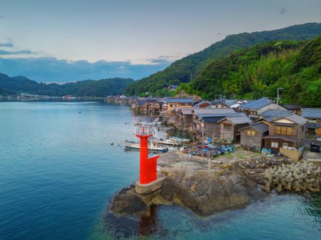 Kyoto, Japan with Funaya boathouses and the lighthouse on Ine Bay.