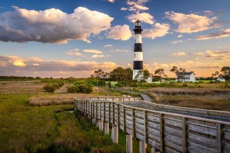 The Bodie Island Light Station in the Outer Banks of North Carolina, USA at dusk.