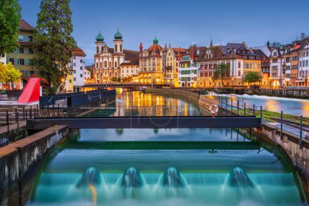 Photo for Lucerne, Switzerland from Spreuerbrucke bridge at blue hour. - Royalty Free Image