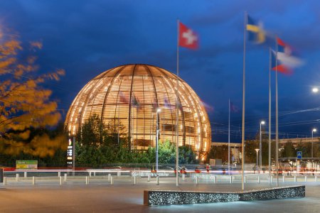 Photo for GENEVA, SWITZERLAND - OCTOBER 3, 2023: Cern Visitor Center at blue hour. The research center operates the largest particle physics laboratory in the world. - Royalty Free Image