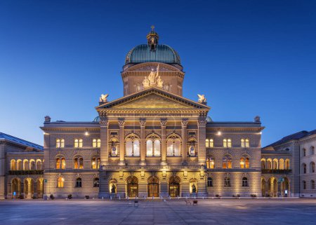 Photo for Bern, Switzerland with the Federal Palace of Switzerland at blue hour. ("Curia Confoederationis Helveticae" translates to "The Parliament Building of Switzerland") - Royalty Free Image