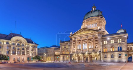 Photo for Bern, Switzerland with the Federal Palace of Switzerland at blue hour. ("Curia Confoederationis Helveticae" translates to "The Parliament Building of Switzerland") - Royalty Free Image