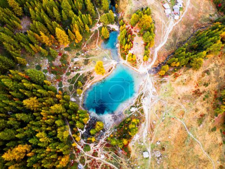Photo for Lac Bleu in Arolla, Switzerland at the bottom of the Val d'Herens in autumn season from above. - Royalty Free Image