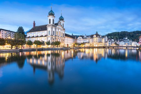 Photo for Lucerne, Switzerland on the Reuss River at blue hour. - Royalty Free Image