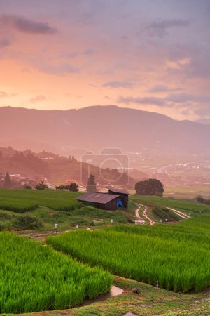 Téléchargez les photos : Obasute, Nagano, Japon terrasses de riz au crépuscule en été. - en image libre de droit