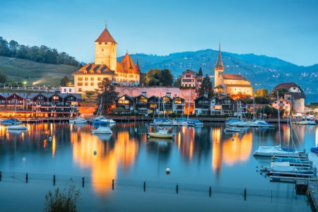 Photo for Spiez, Switzerland at the castle during blue hour. - Royalty Free Image