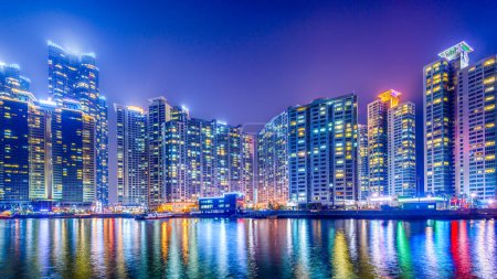 Photo for Busan, South Korea skyline at night in the Haeundae district. - Royalty Free Image