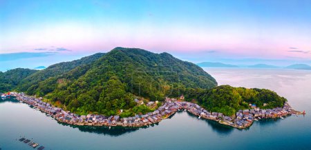 Téléchargez les photos : Baie d'Ine, Kyoto, Japon dans les barques Funaya au crépuscule. - en image libre de droit