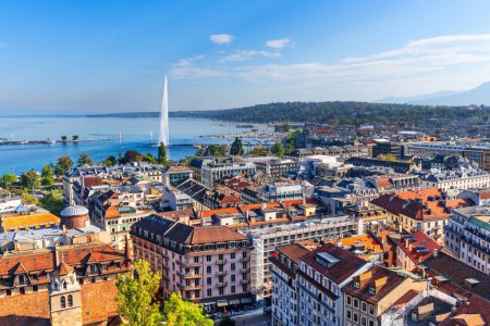 Photo for Geneva, Switzerland cityscape overlooking the lake and fountain - Royalty Free Image
