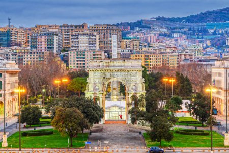 Photo for Genoa, Italy park and triumphal arch amongst the cityscape at dawn. - Royalty Free Image