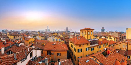 Photo for Bologna, Italy rooftop skyline and famous historic towers at dusk. - Royalty Free Image