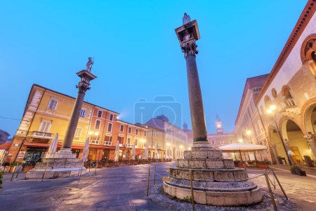 Photo for Ravenna, Italy at Piazza del Popolo with the landmark Venetian columns at dusk. - Royalty Free Image