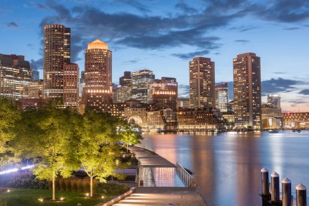 Photo for Boston, Massachusetts, USA downtown city skyline and pier at twilight. - Royalty Free Image