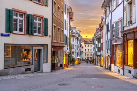 Basel, Switzerland in the Old Town at golden hour.