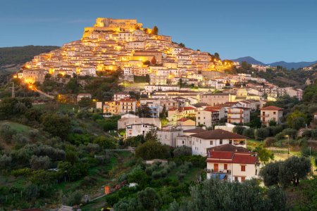 Photo for Rocca Imperiale, Italy hilltop town at night in the Calabria Region. - Royalty Free Image