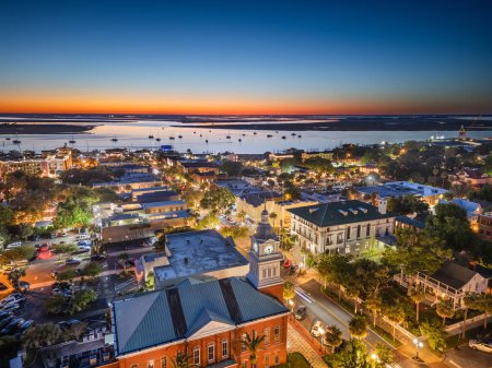 Fernandina Beach, Florida, USA historic downtown cityscape at dusk.