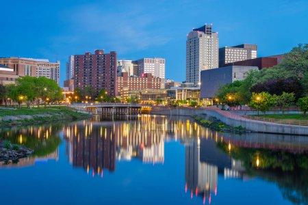Rochester, Minnesota, USA cityscape on the Zumbro River at blue hour.
