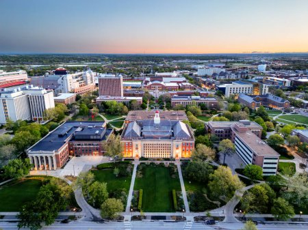 Lincoln, Nebraska, USA cityscape overlooking University of Nebraska at twilight.