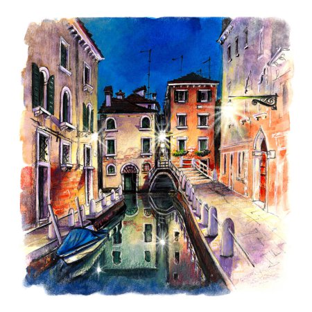 Aquarellskizze eines typisch venezianischen Kanals mit hellen Häusern in Venedig, Italien.