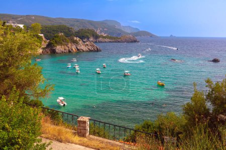 Overlooking the azure waters of Paleokastritsa Bay on Corfu Island, Greece
