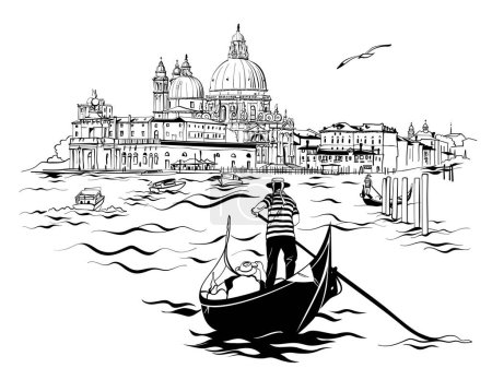 Gondoliere in der Gondel auf dem Canal Grande, Heilige Maria der Gesundheit im Hintergrund, Venedig, Italien. Schwarz-Weiß