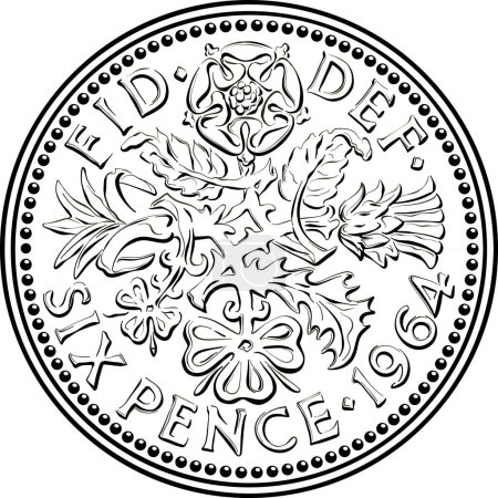 British sixpence money coin, reverse with floral design. Black and white