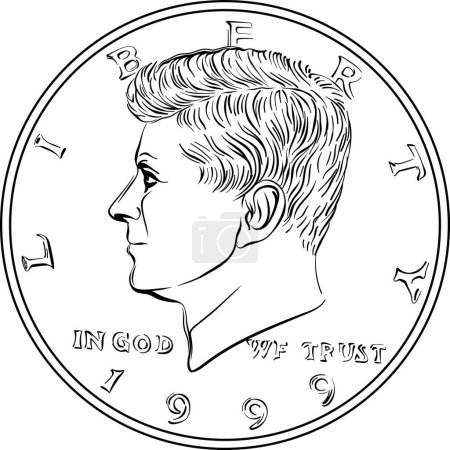United States coin Half dollar with John F Kennedy on obverse. Black and white image