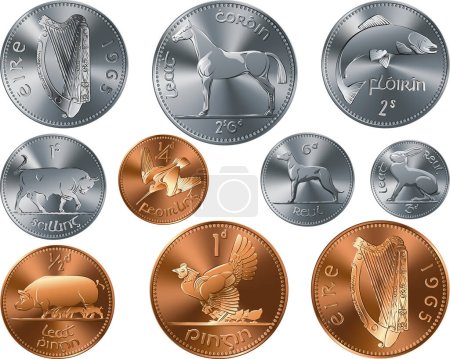 Conjunto vectorial de dinero irlandés Monedas de oro y plata predecimales Penny