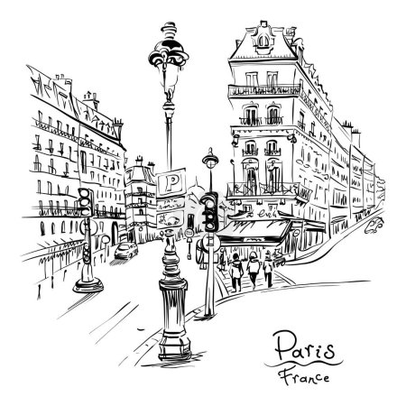 Vector hand drawing. Paris street with traditional houses and lanterns, Paris, France.