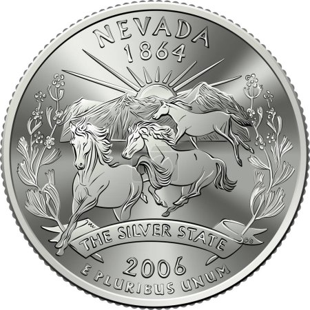 Amerikanisches Geld, USA Washington Vierteldollar oder 25-Cent-Münze, wilde Hengste, aufgehende Sonne auf der Rückseite