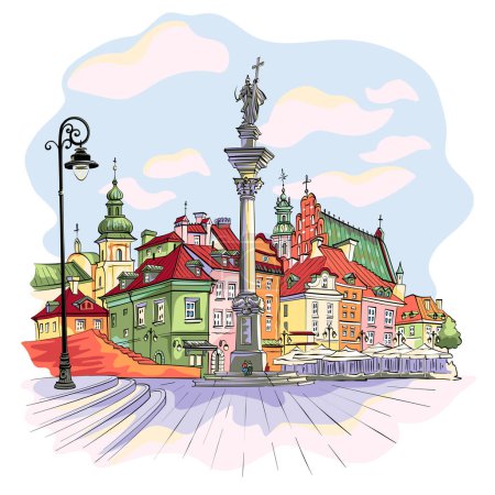 Vector color sketch of Castle Square in Warsaw Old town, Poland.