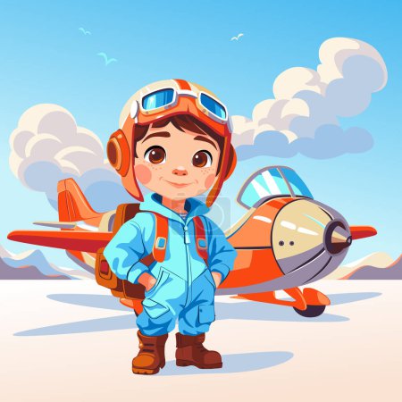 Cartoon kid pilot standing near old airplane with aviator goggles and happy smiling