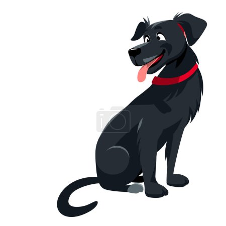 Happy friendly big black dog sitting with tongue out, red collar on neck. Flat vector illustration