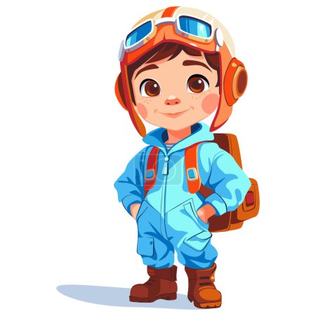 Cartoon kid pilot standing with aviator goggles and happy smiling