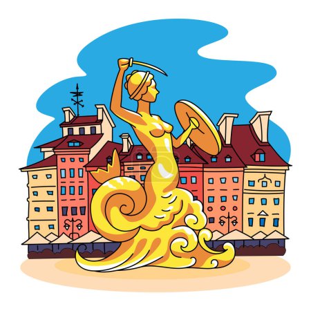 Vector color icon Syrenka or Mermaid of Warsaw, Old Town Market Square, Poland. Polish landmark set