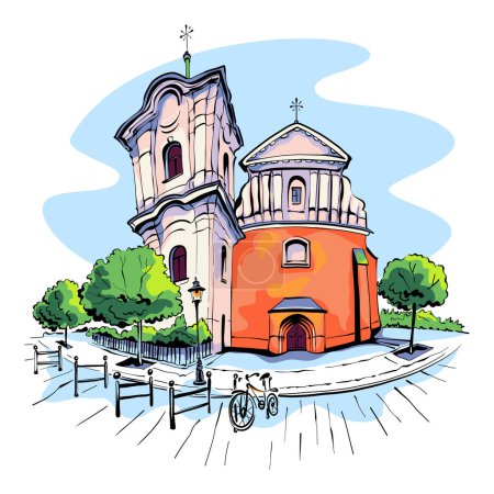 Vector color sketch of Church of Sacred Heart of Jesus in Poznan, Poland