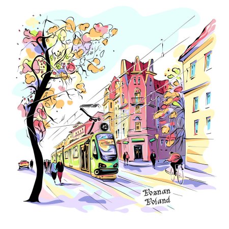 Vector color sketch of Old town of Poznan in autumn, Poland.