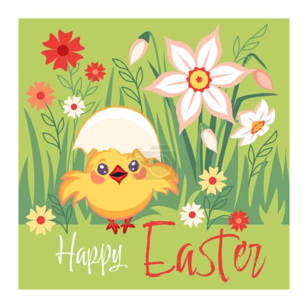 Easter poster with happy Holiday personage spring chicken character among spring flower