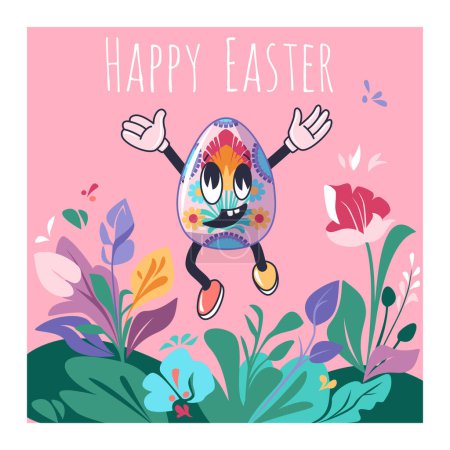 Cartel de Pascua con feliz personaje de vacaciones personaje de huevo Groovy entre la flor de primavera