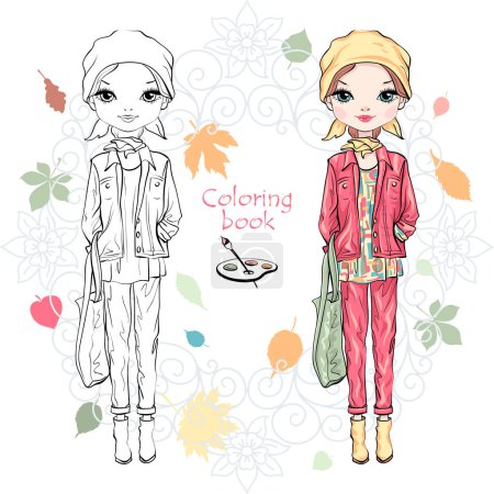 Libro para colorear vector de linda chica de moda en ropa de otoño