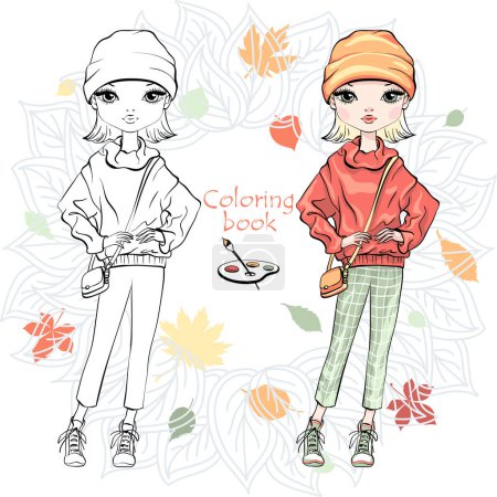 Libro para colorear vector de linda chica de moda en ropa de otoño