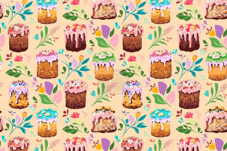 Happy Happy Easter seamless pattern. Vector set of traditional Easter cakes
