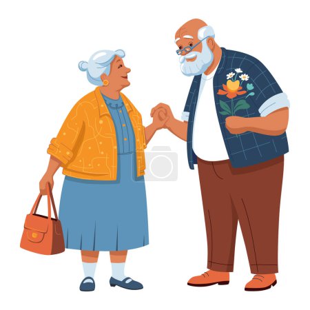 Fröhlicher alter Mann überreicht der süßen alten Dame einen Strauß wilder Blumen. Vektorflache Illustration