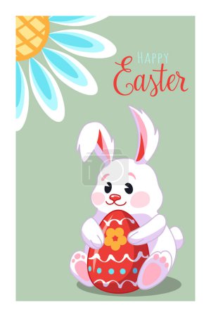 Cartel de Pascua feliz con conejito de Pascua, flores y huevos con patrón floral tradicional