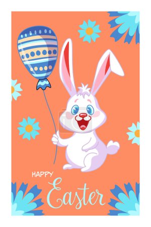 Cartel de Pascua feliz con conejito de Pascua, flores y huevos con patrón floral tradicional