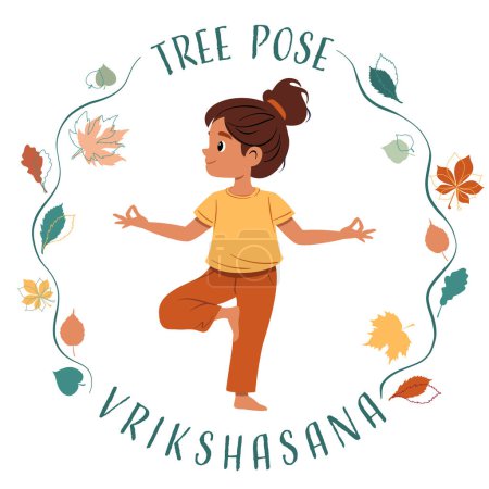Mädchen beim Yoga Baum Pose Vrikshasana. Fitness-Konzept. Flache Vektorabbildung auf Weiß
