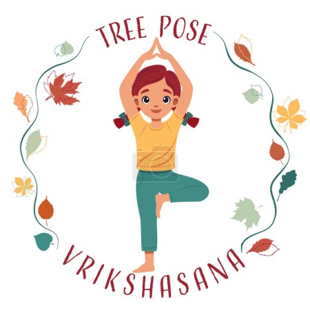 Niña haciendo yoga pose árbol Vrikshasana. Concepto fitness. Ilustración vectorial plana en blanco