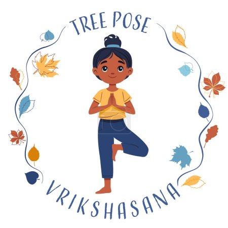 Niña haciendo yoga pose árbol Vrikshasana. Concepto fitness. Ilustración vectorial plana en blanco