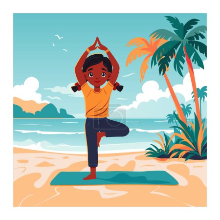 Kid girl doing yoga tree pose on sea beach. Fitness outdoor concept. Flat vector illustration