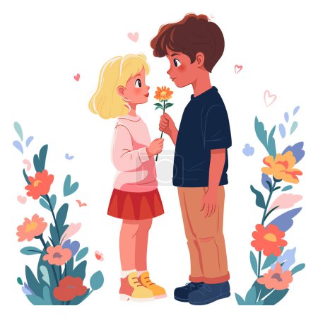 Fröhlicher Junge gibt Blume an süßes blondes Mädchen. First Love Konzept. Vektorflache Illustration
